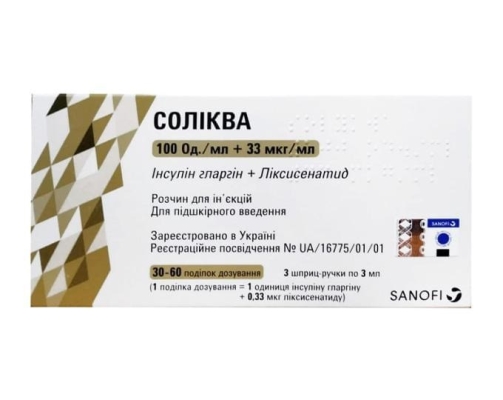 СОЛІКВА розчин для ін`єкцій, 100 Од./мл+33 мкг/мл; № 3: по 3 мл у картриджі, вмонтованому в одноразову шприц-ручку; по 3 шприц-ручок в картонній коробці